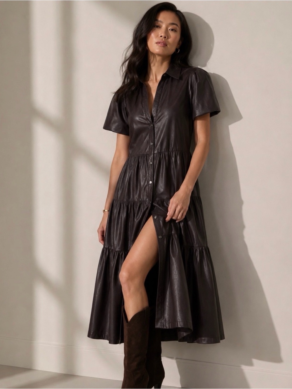 Brochu Walker Havana Midi Dress Women's Size XS Vegan Leather Tiered Brown